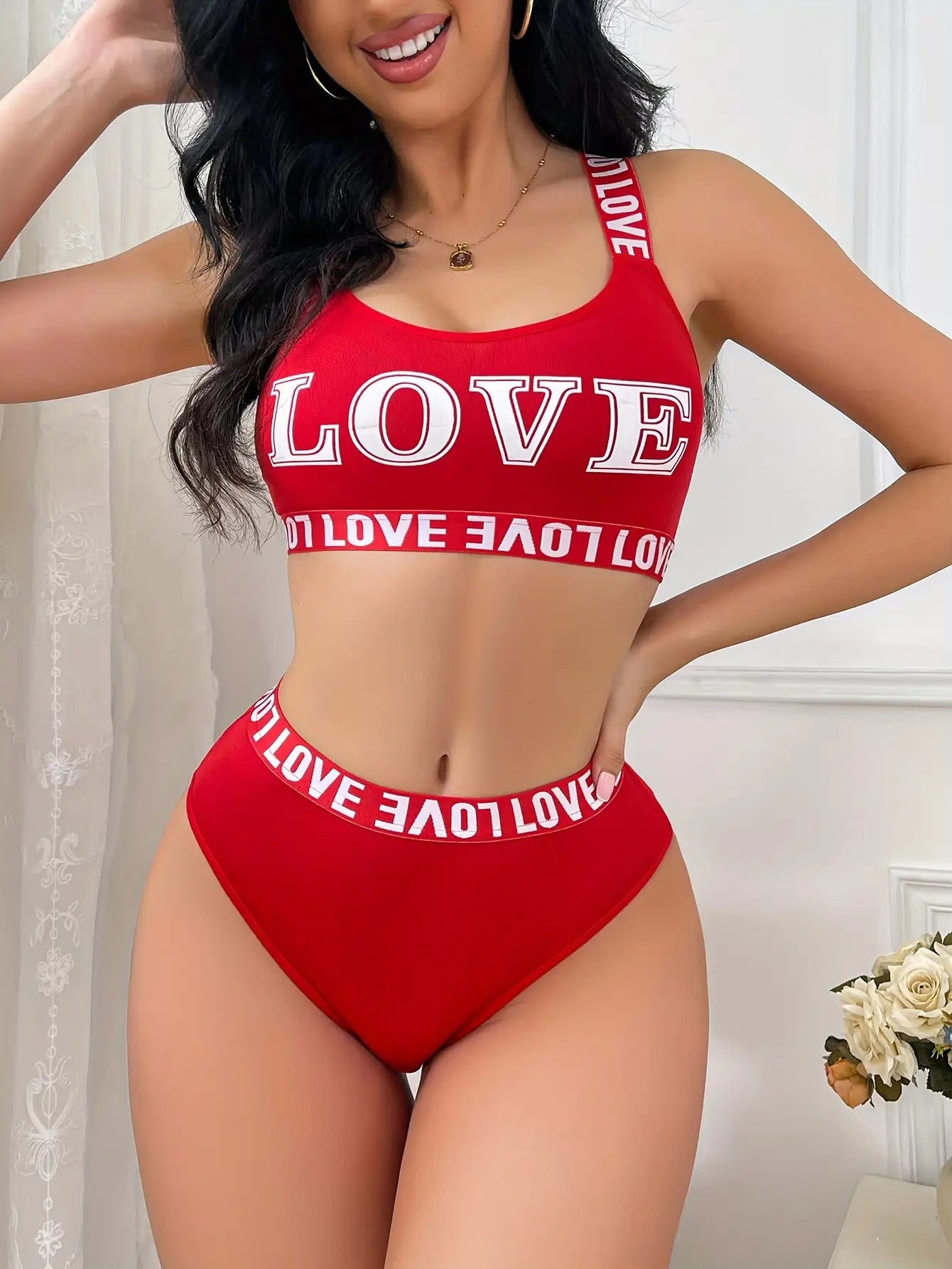 LOVE Printed Letter Waist Scarf Beauty Back Sports Sexy Bra Pants Set
