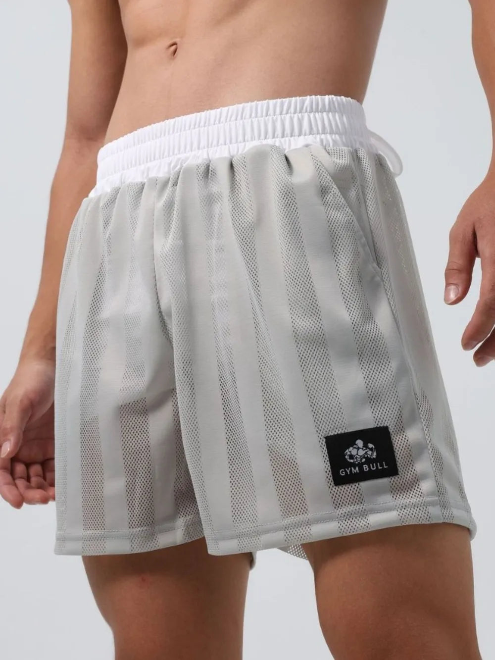Trendsi men's plus size shorts in gray mesh with white elastic waistband and Gym Bull logo patch