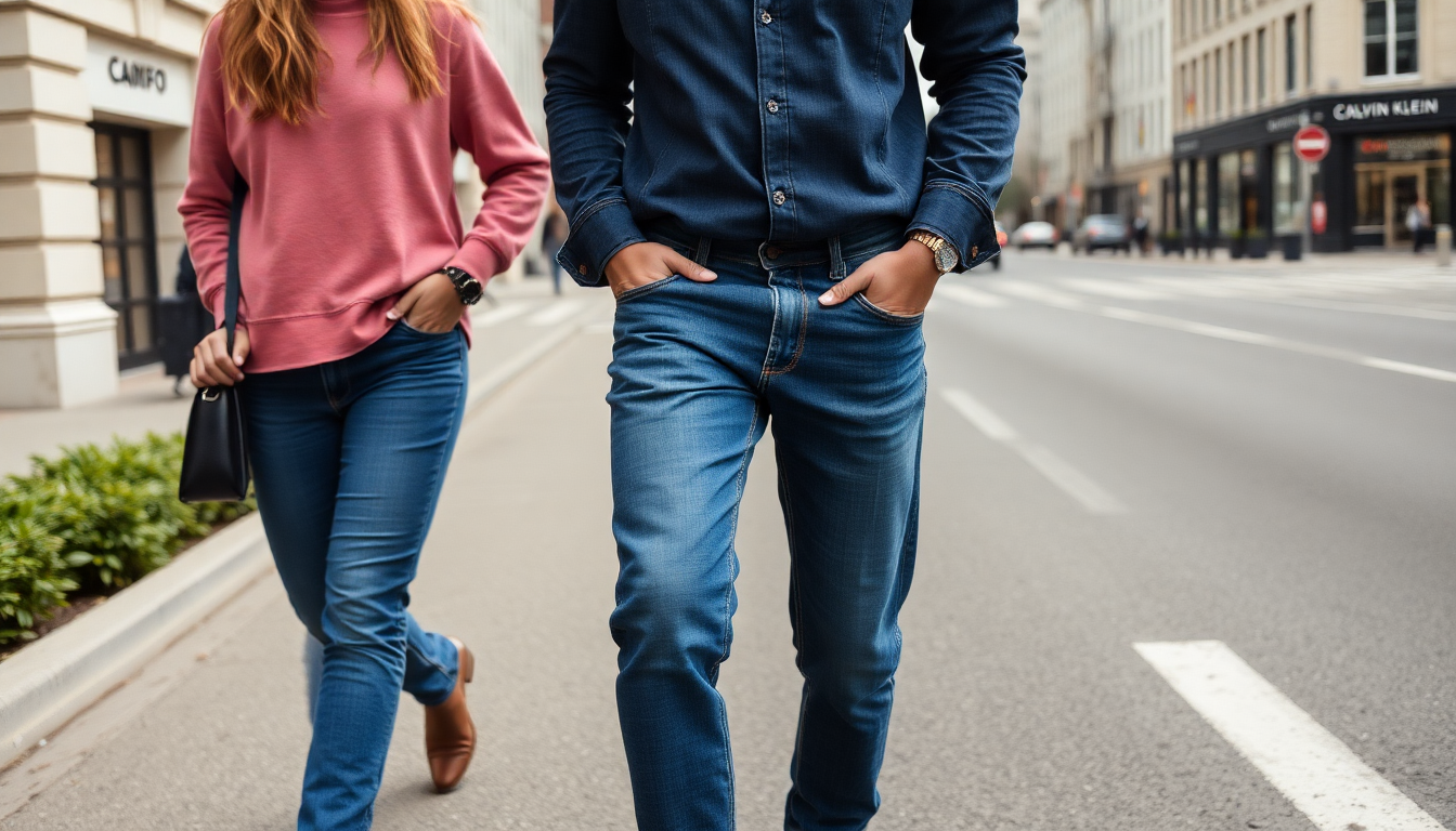 THE MEN AND WOMEN WEAR CALVIN KLEIN JEANS WALKING IN THE ROAD