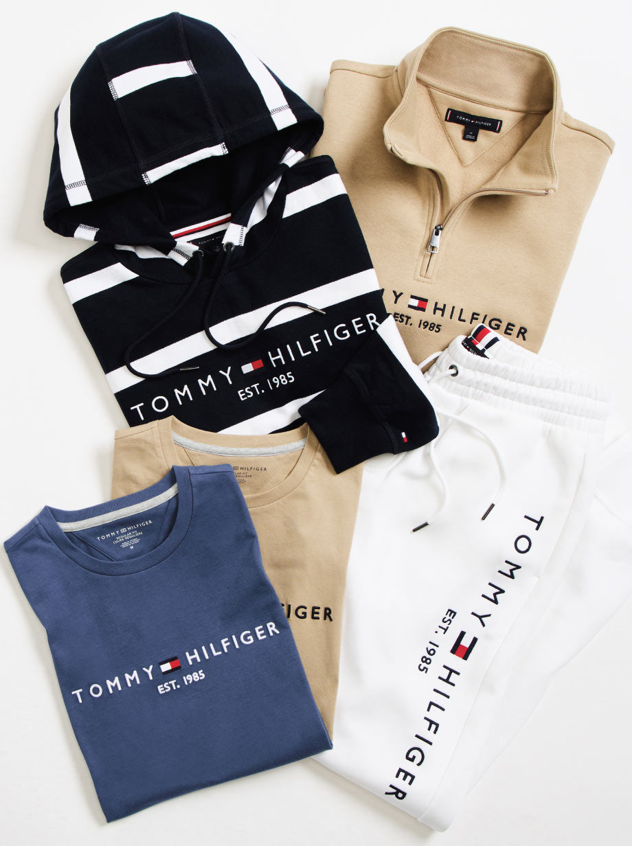 Trendy Tommy Hilfiger outfits including hoodies, shirts, and sweatpants to buy Tommy Hilfiger outfits online