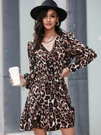Popular Dress Leopard Print V High Collar Waist Tie Lantern Sleeve
