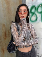 2025  women's snake print stretch mesh T T-shirt