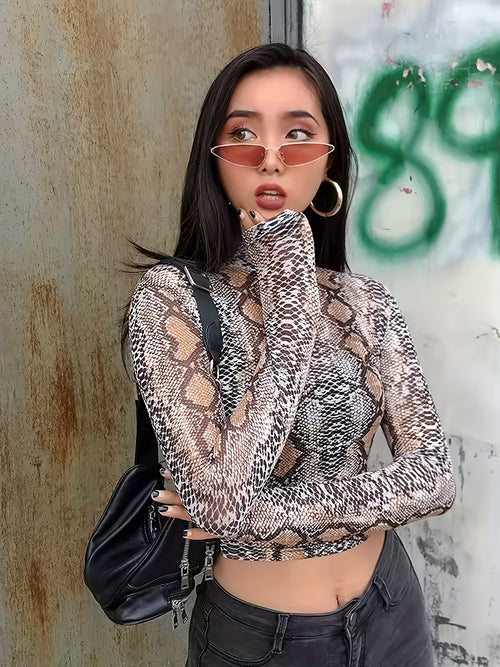 2025  women's snake print stretch mesh T T-shirt