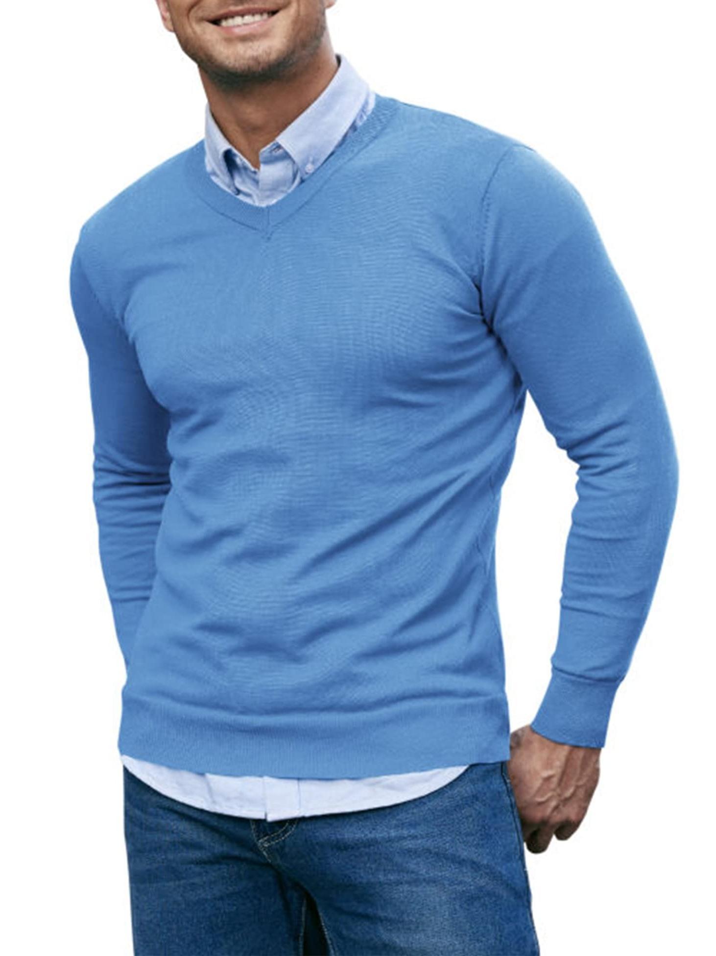 Men Casual V Neck Sweater Ribbed Knit Slim Fit Long Sleeve Pullover Top