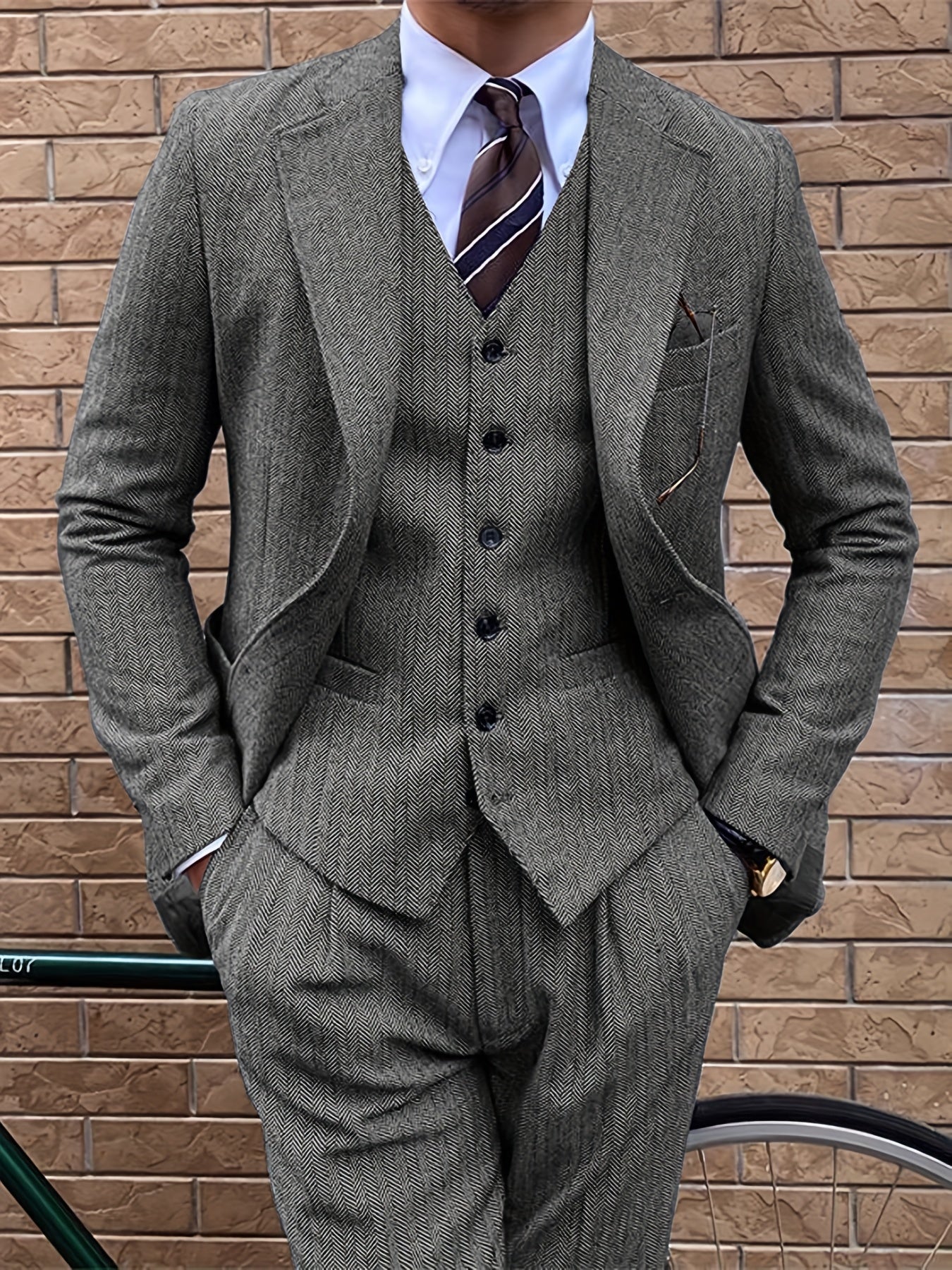 3pcs Vintage Tweed Wool Blend Herringbone Suit