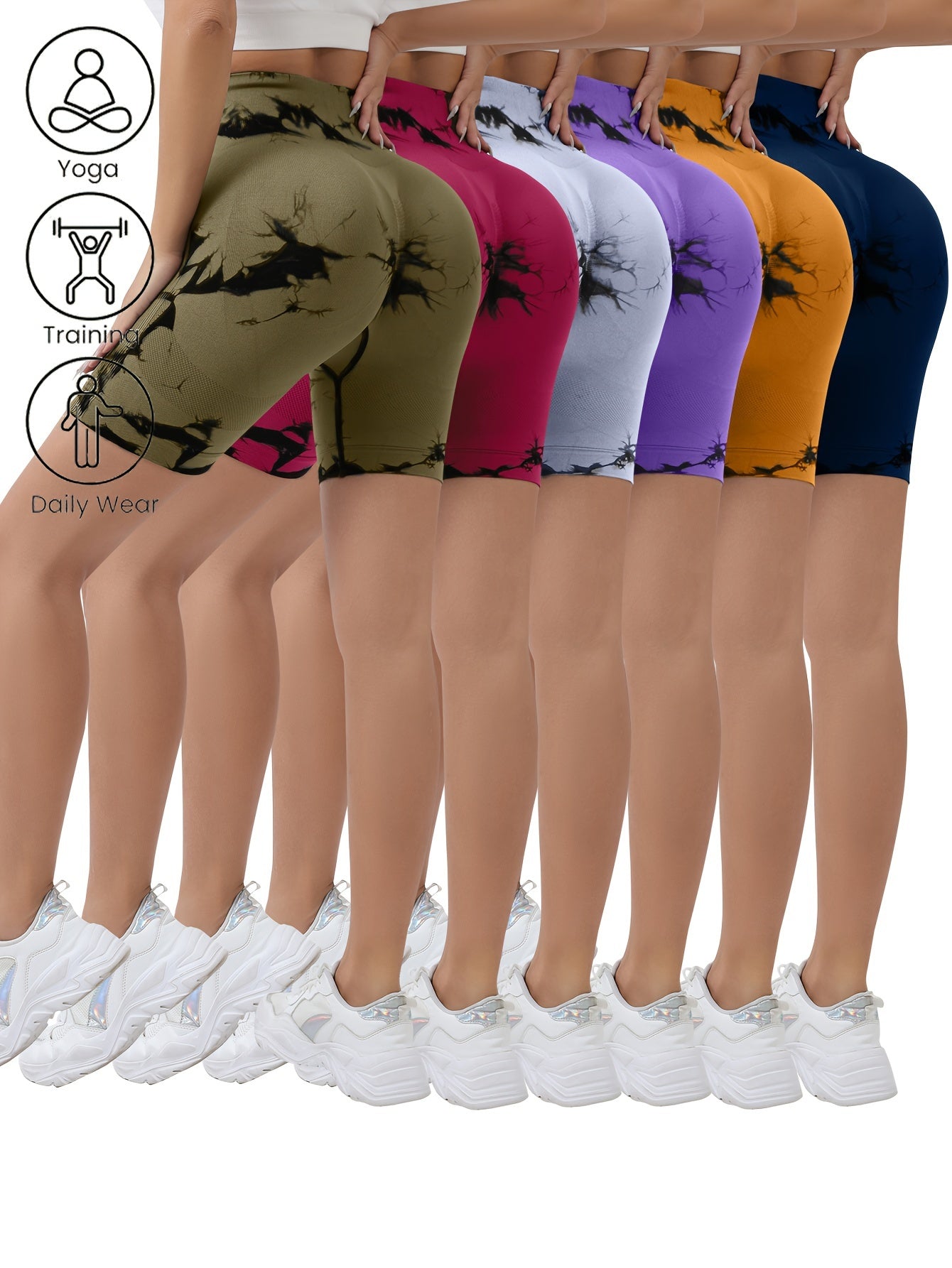 6pcs Women's high-waisted tie-dye hip-lifting sports shorts