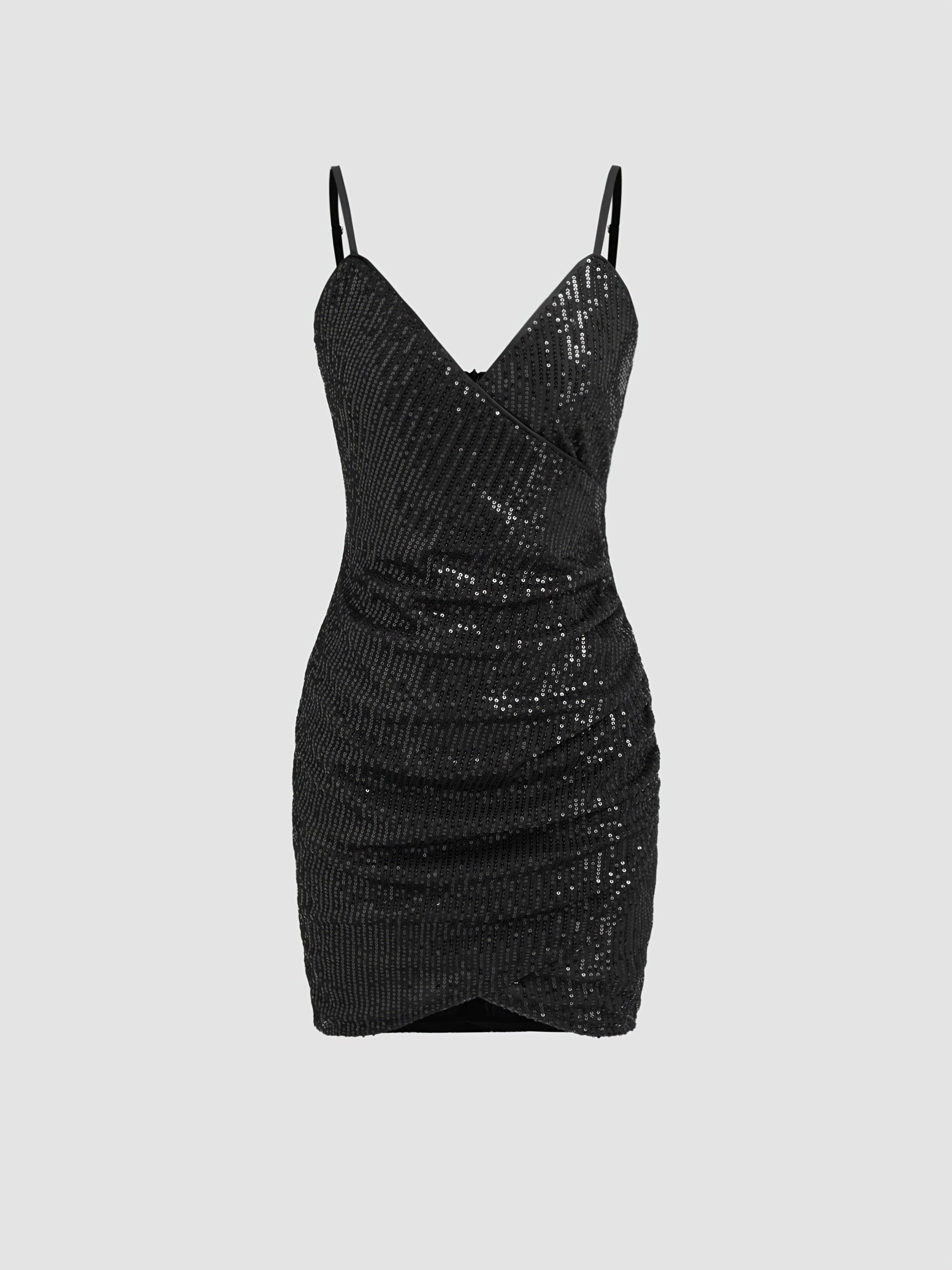 Elastic Solid Color Sequin Strap Bodycon Dress High Elastic Slim Fit S Curve