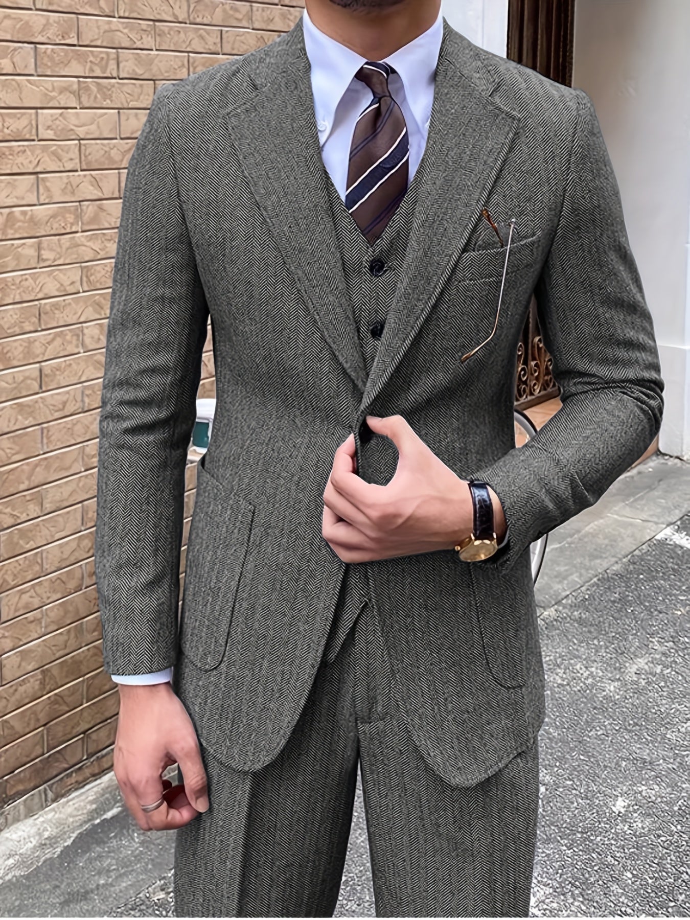 3pcs Vintage Tweed Wool Blend Herringbone Suit