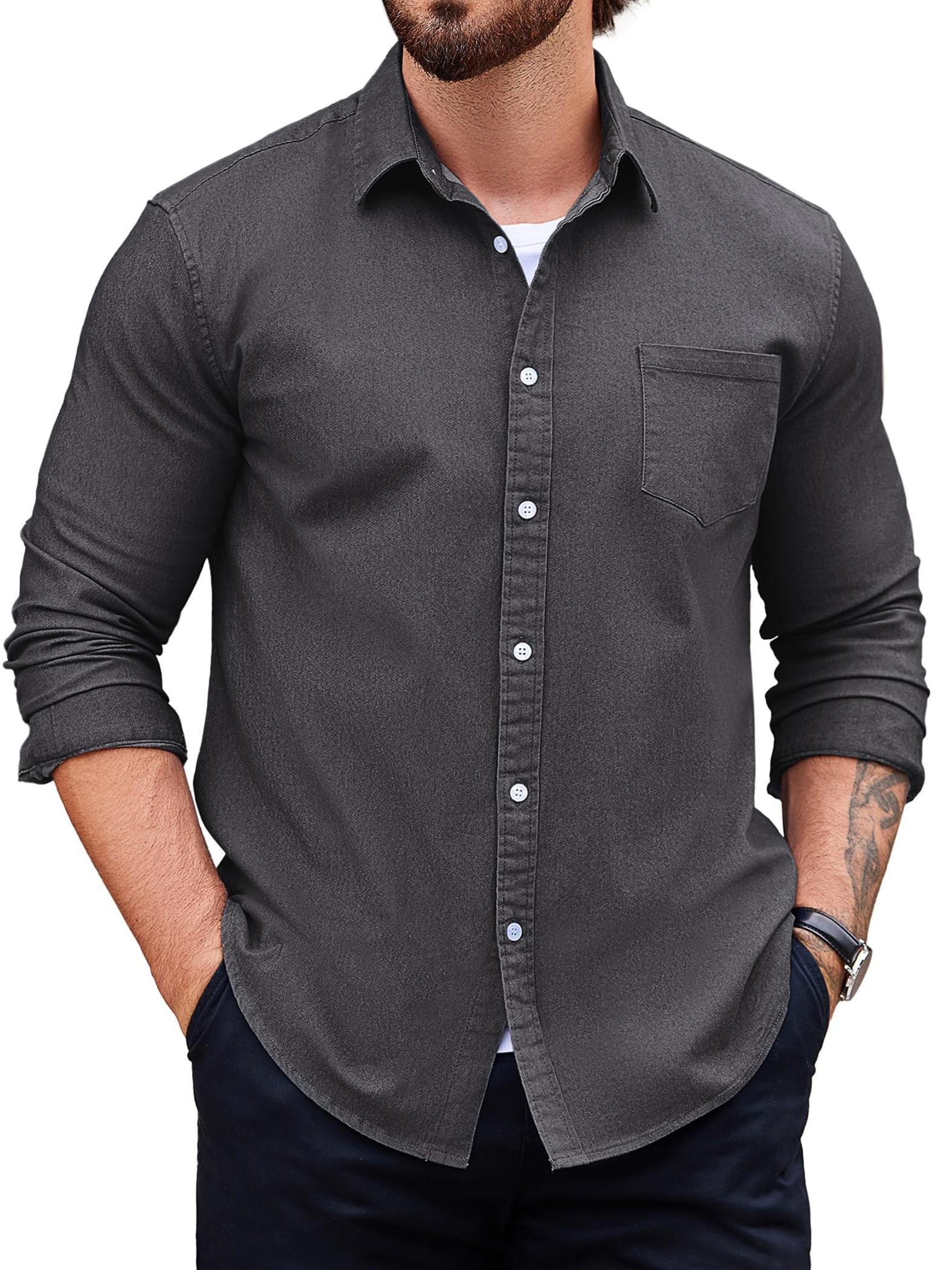 Men's Denim Shirt Long Sleeve Casual Button Shirts Western Work Shirt