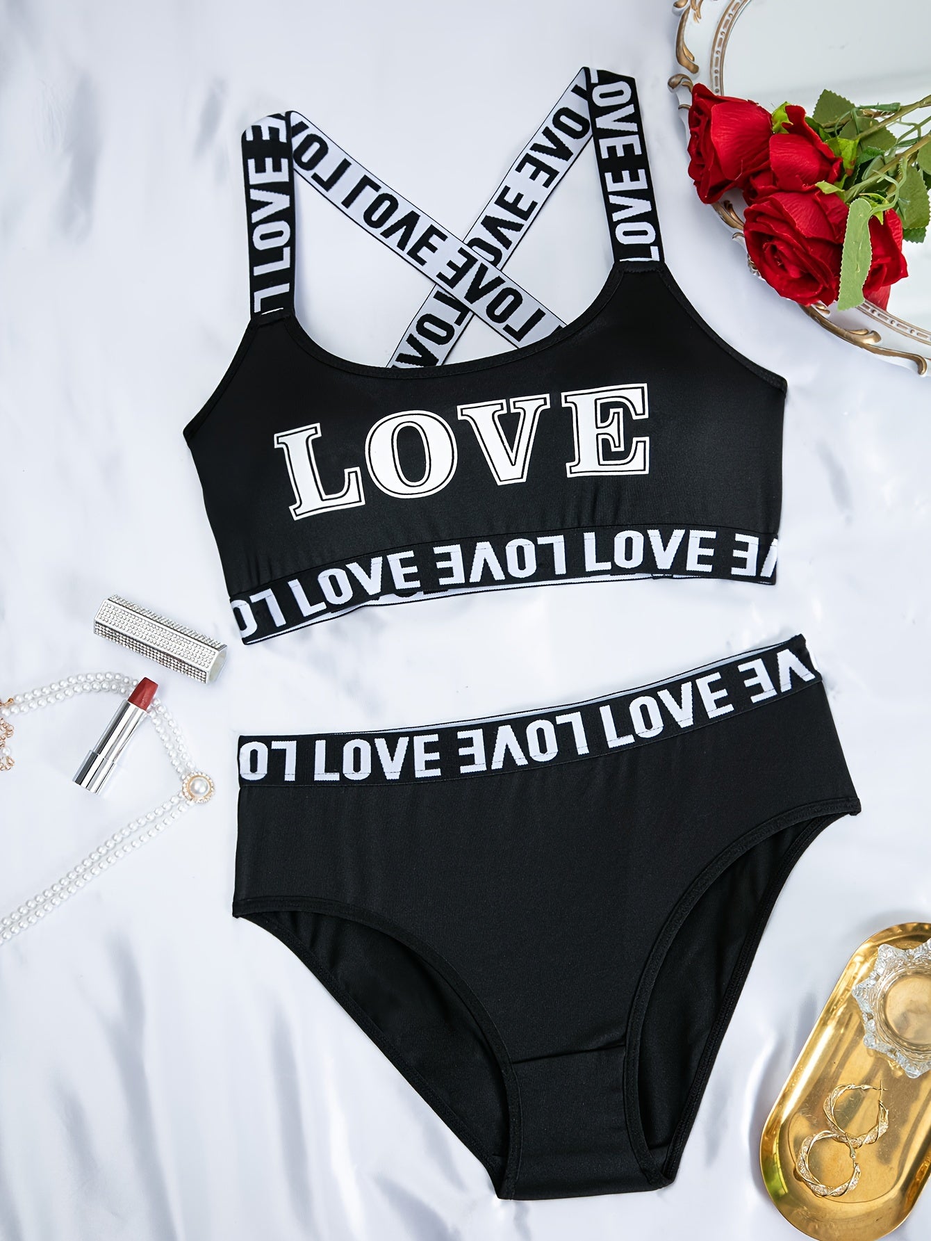 Women's LOVE printed letter bra and pants 2PCS set