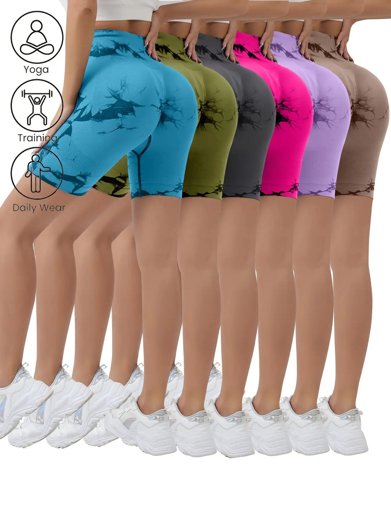 6pcs Women's high-waisted tie-dye hip-lifting sports shorts