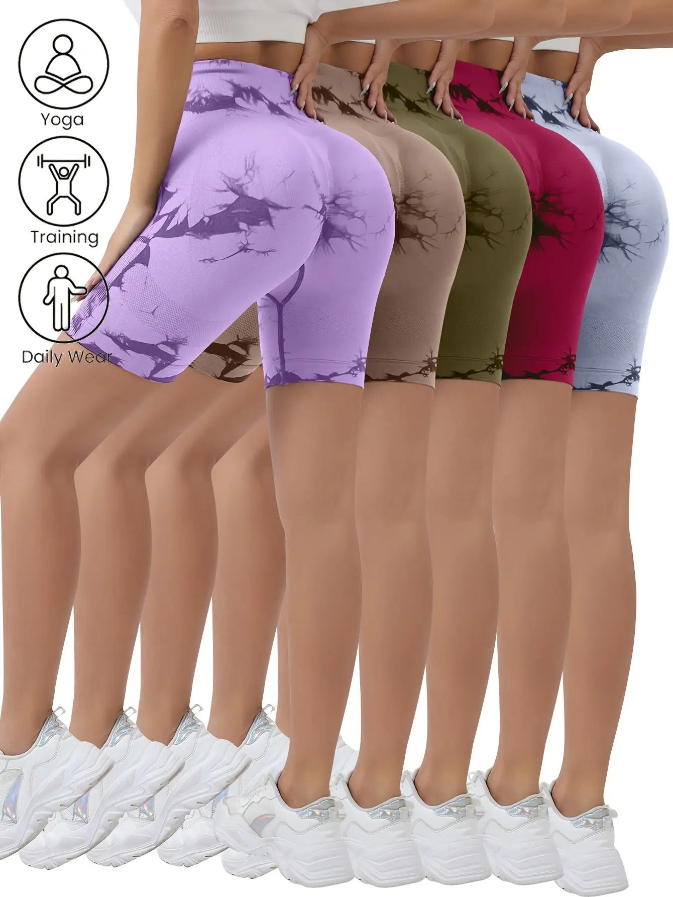 6pcs Women's high-waisted tie-dye hip-lifting sports shorts