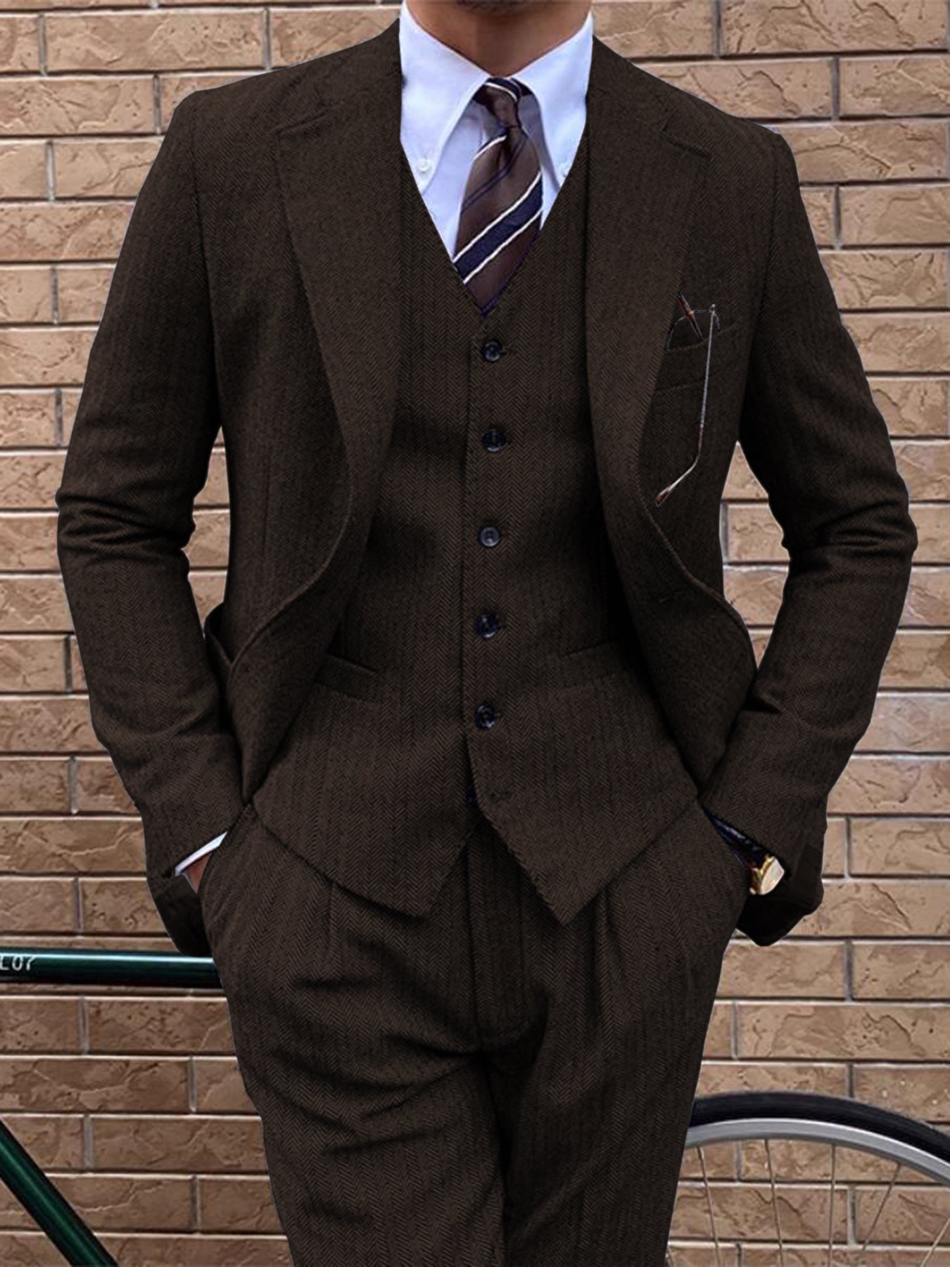 3pcs Vintage Tweed Wool Blend Herringbone Suit