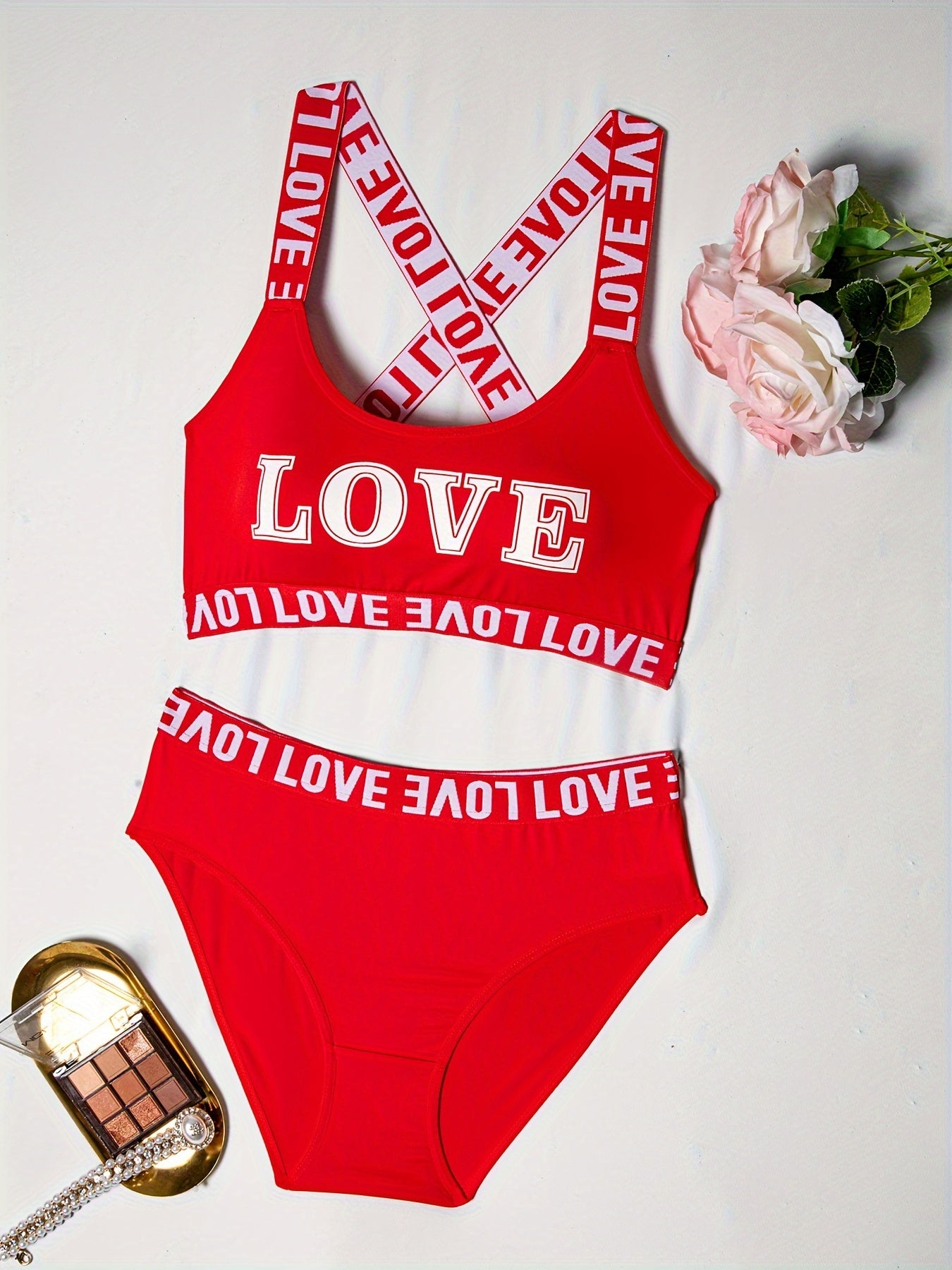 Women's LOVE printed letter bra and pants 2PCS set
