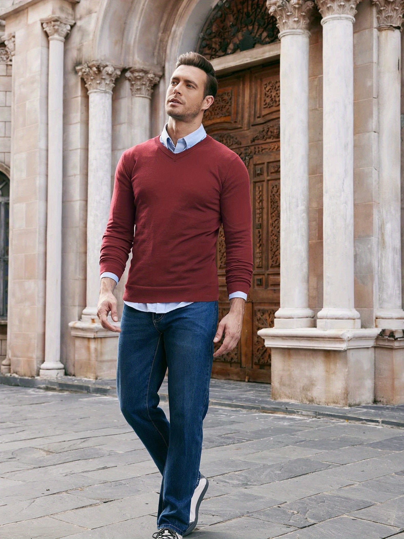 Men Casual V Neck Sweater Ribbed Knit Slim Fit Long Sleeve Pullover Top