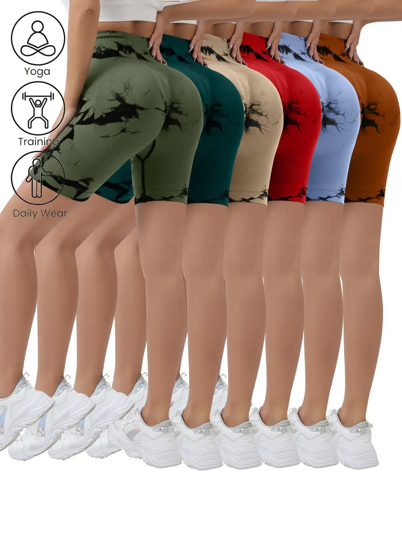 6pcs Women's high-waisted tie-dye hip-lifting sports shorts