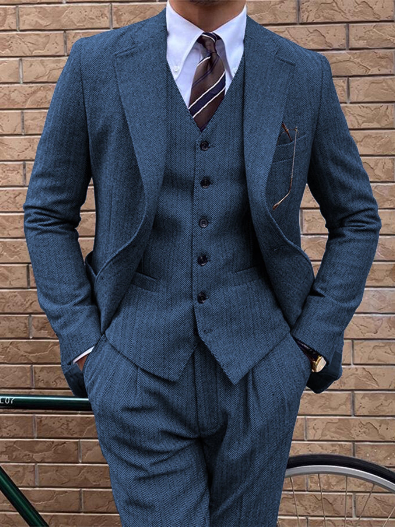 3pcs Vintage Tweed Wool Blend Herringbone Suit