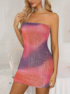 Hot Girl Tube Top Women's Sexy Double Layer Hollow Out Backless Sequin Slip Dress