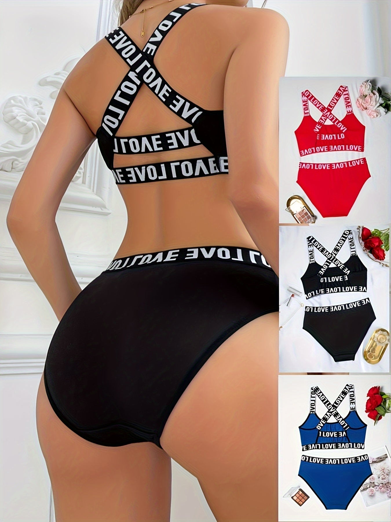 Women's LOVE printed letter bra and pants 2PCS set