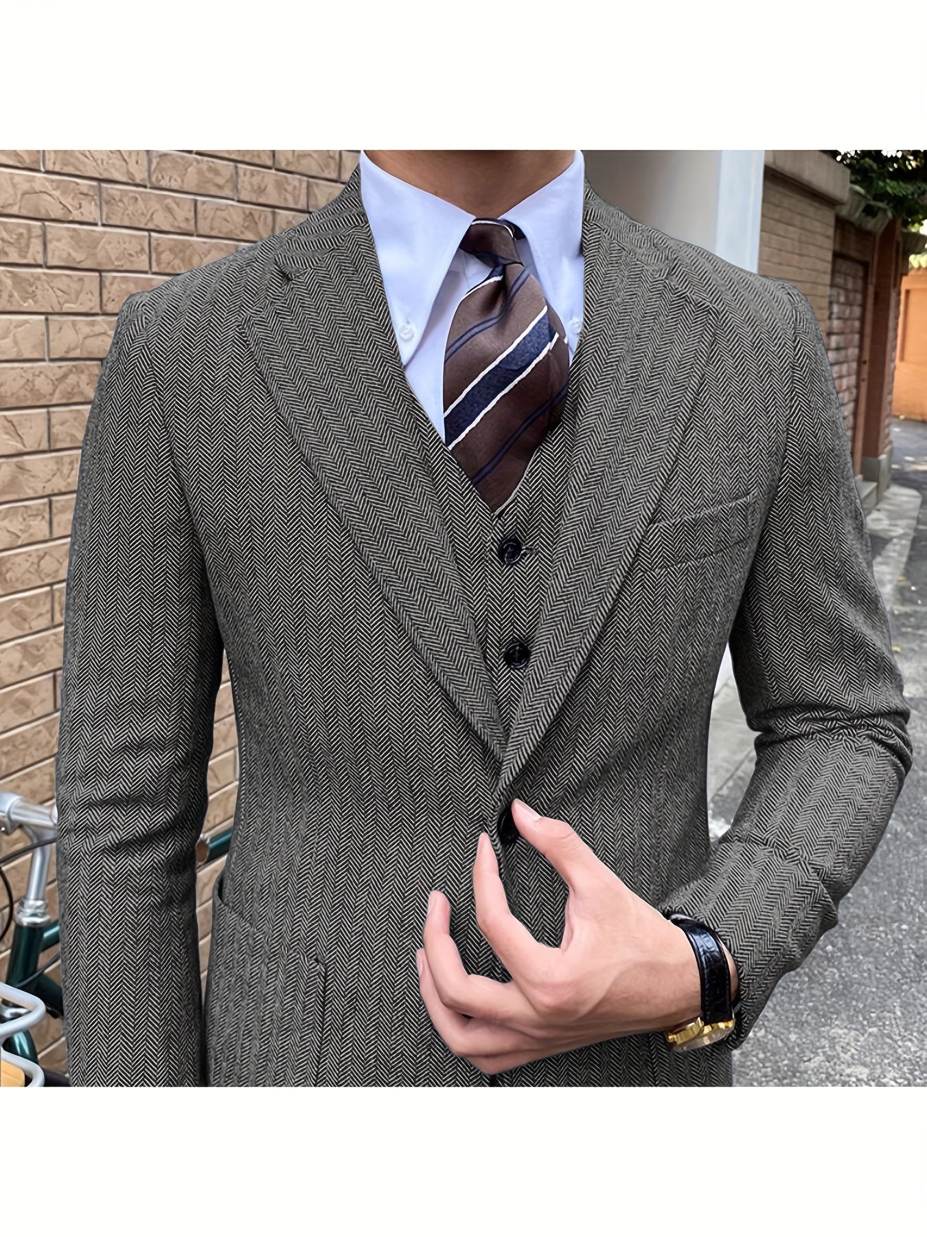 3pcs Vintage Tweed Wool Blend Herringbone Suit