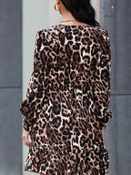Popular Dress Leopard Print V High Collar Waist Tie Lantern Sleeve