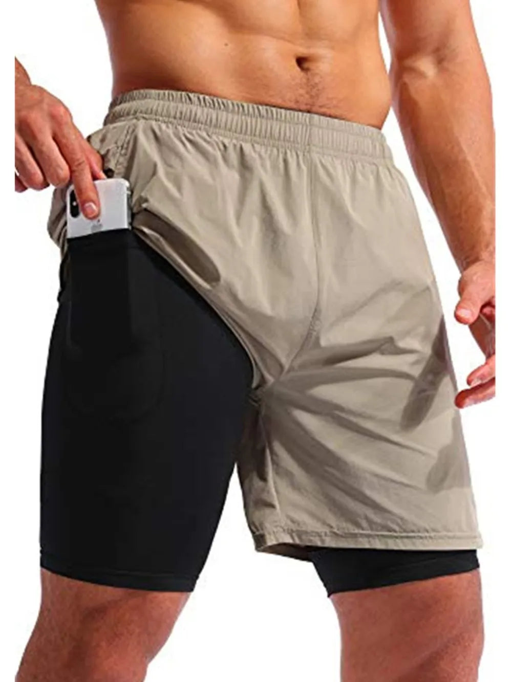 Trendsi comfortable athletic shorts with beige outer layer and black inner compression for secure phone storage