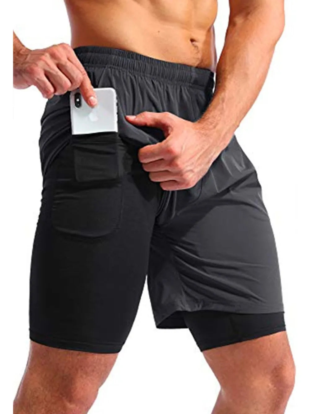 Trendsi black comfortable athletic shorts with side pocket for phone and elastic waistband