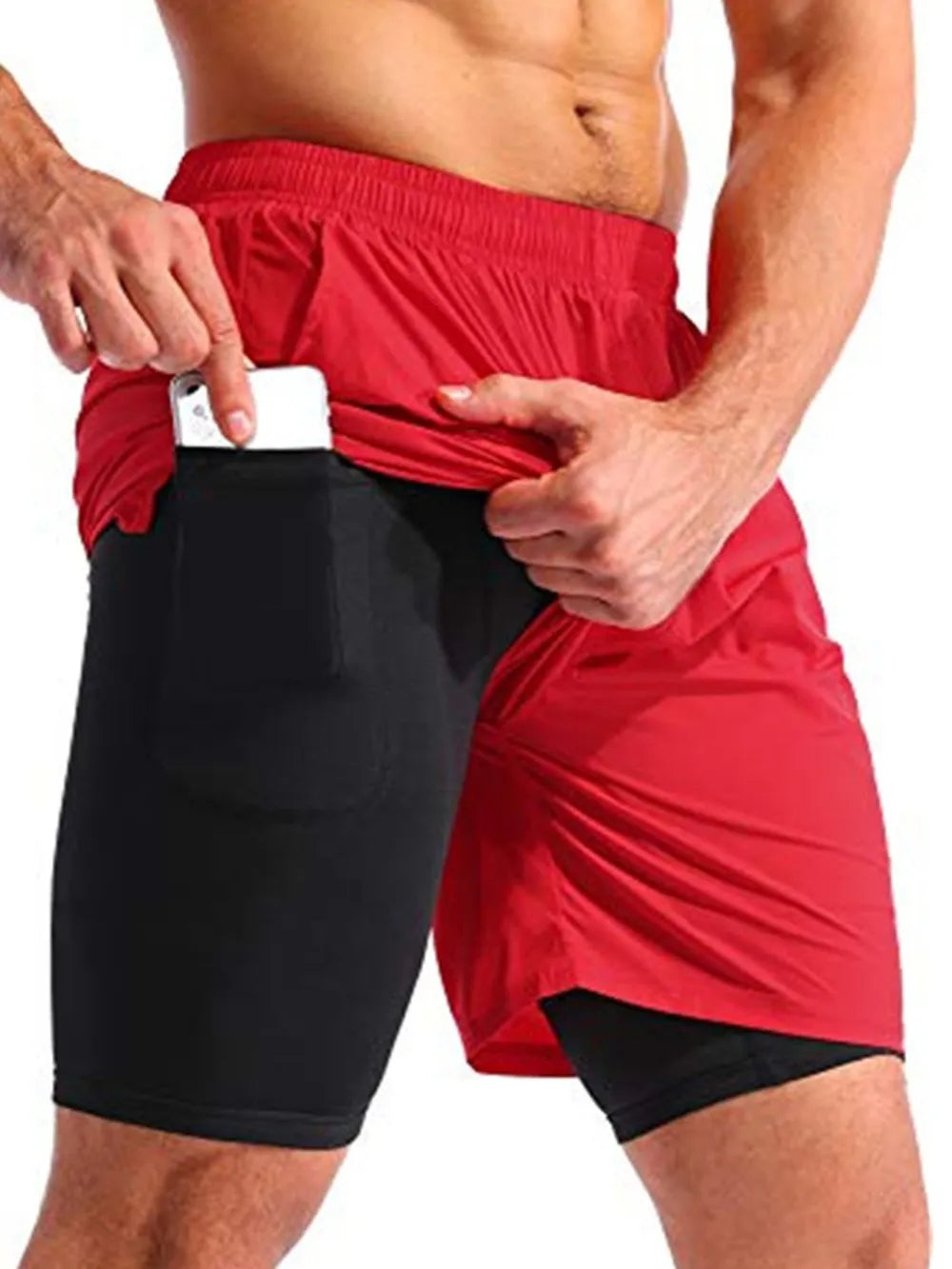 Trendsi comfortable athletic shorts in red with black inner compression layer and side pocket holding a phone