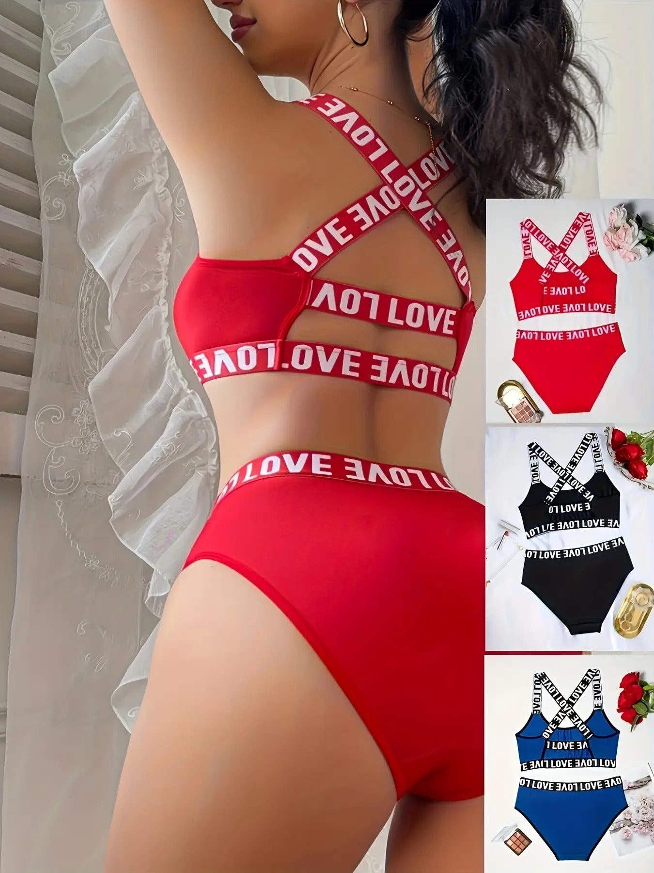 Women's LOVE printed letter bra and pants 2PCS set
