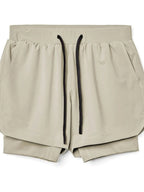 beige active shorts for men with black drawstring and side pockets