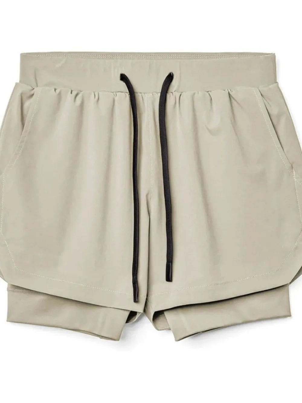 beige active shorts for men with black drawstring and side pockets