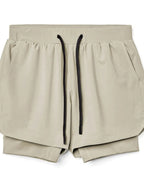 Trendsi beige active shorts for men with black drawstring and side pockets