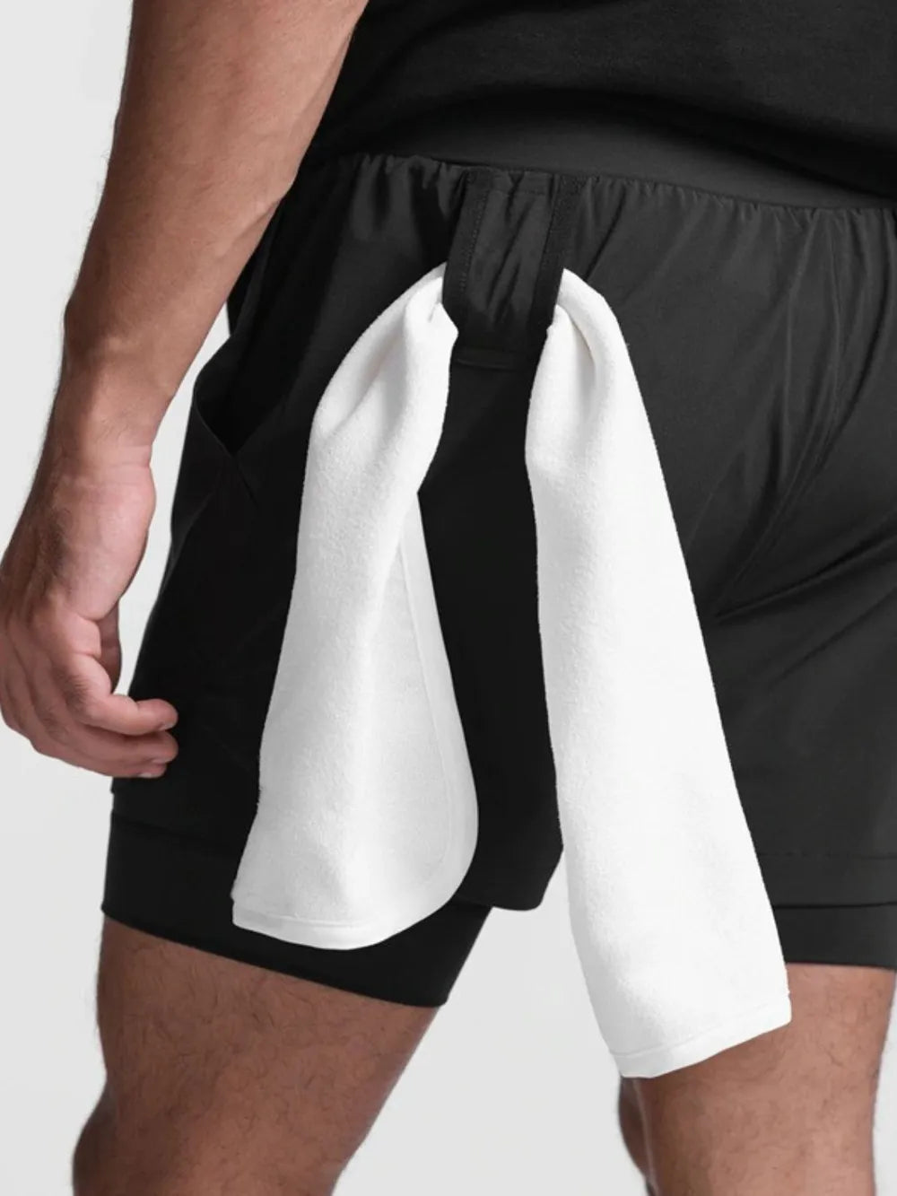 Trendsi black active shorts for men with elastic waistband and towel loop on side