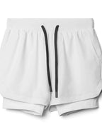 Trendsi white active shorts for men with black drawstring and layered design