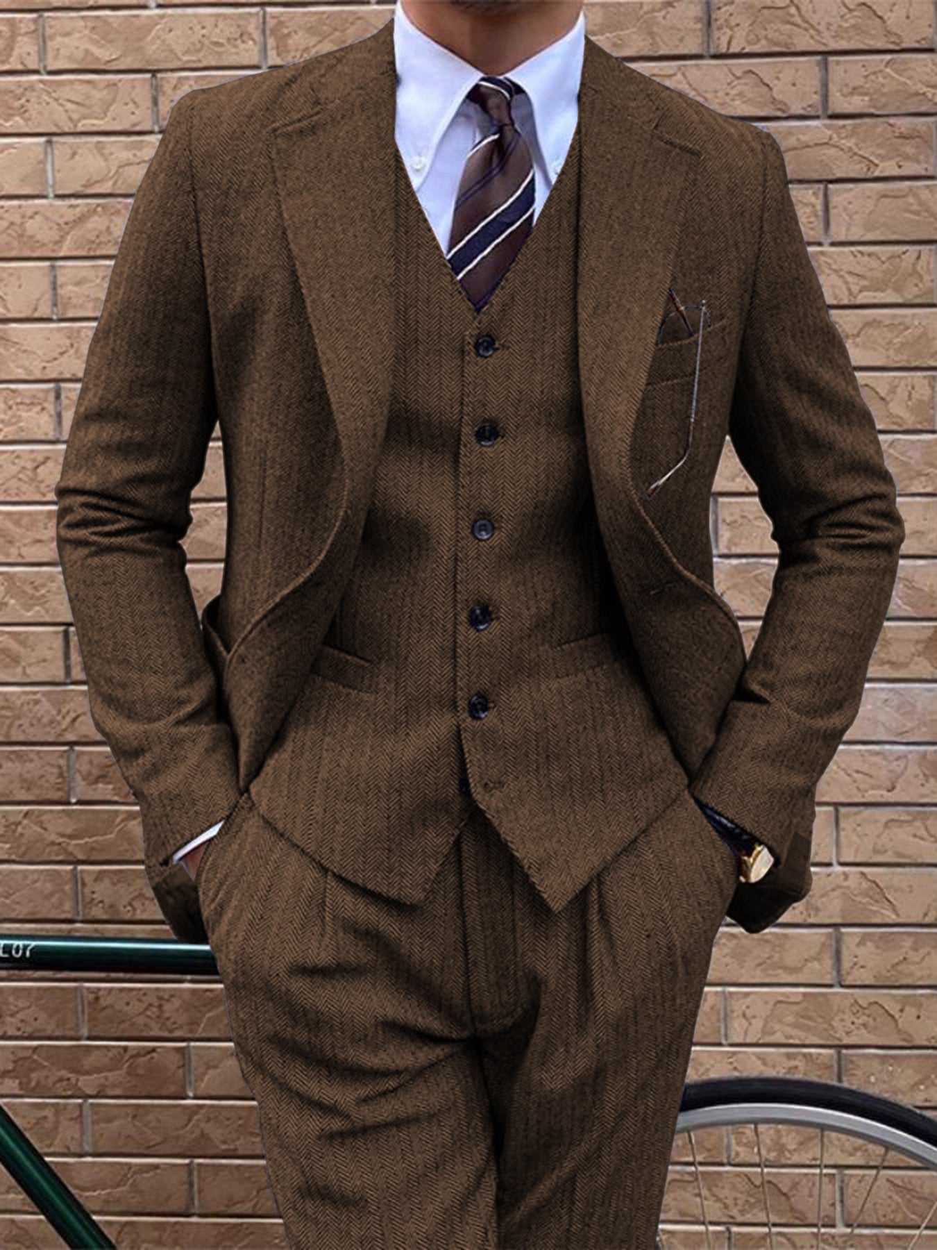 3pcs Vintage Tweed Wool Blend Herringbone Suit