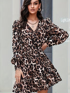 Popular Dress Leopard Print V High Collar Waist Tie Lantern Sleeve