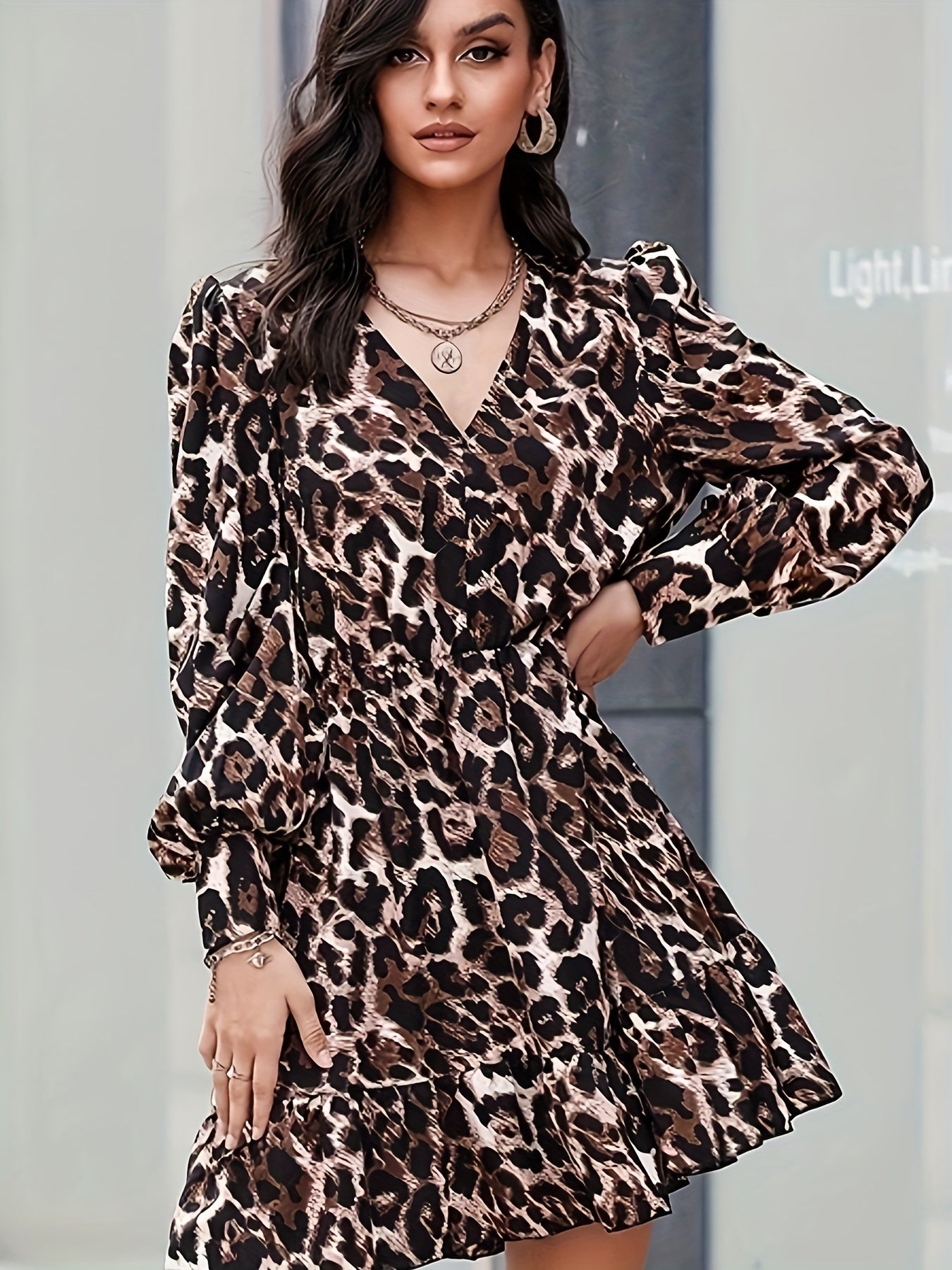 Popular Dress Leopard Print V High Collar Waist Tie Lantern Sleeve