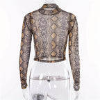 2025  women's snake print stretch mesh T T-shirt