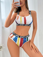 Colorful "LOVE" Print Sports Bra and High-Waisted Shorts Set