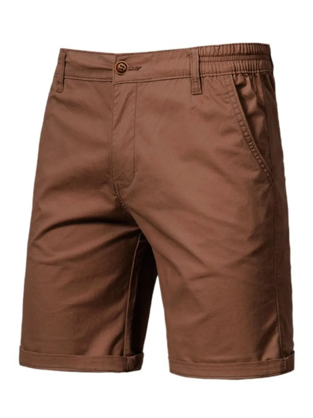 Trendsi brown comfortable bermuda shorts with pockets featuring elastic waistband and button closure