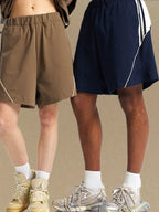 Trendsi comfortable men's sport shorts in brown and navy with elastic waistbands and side stripes