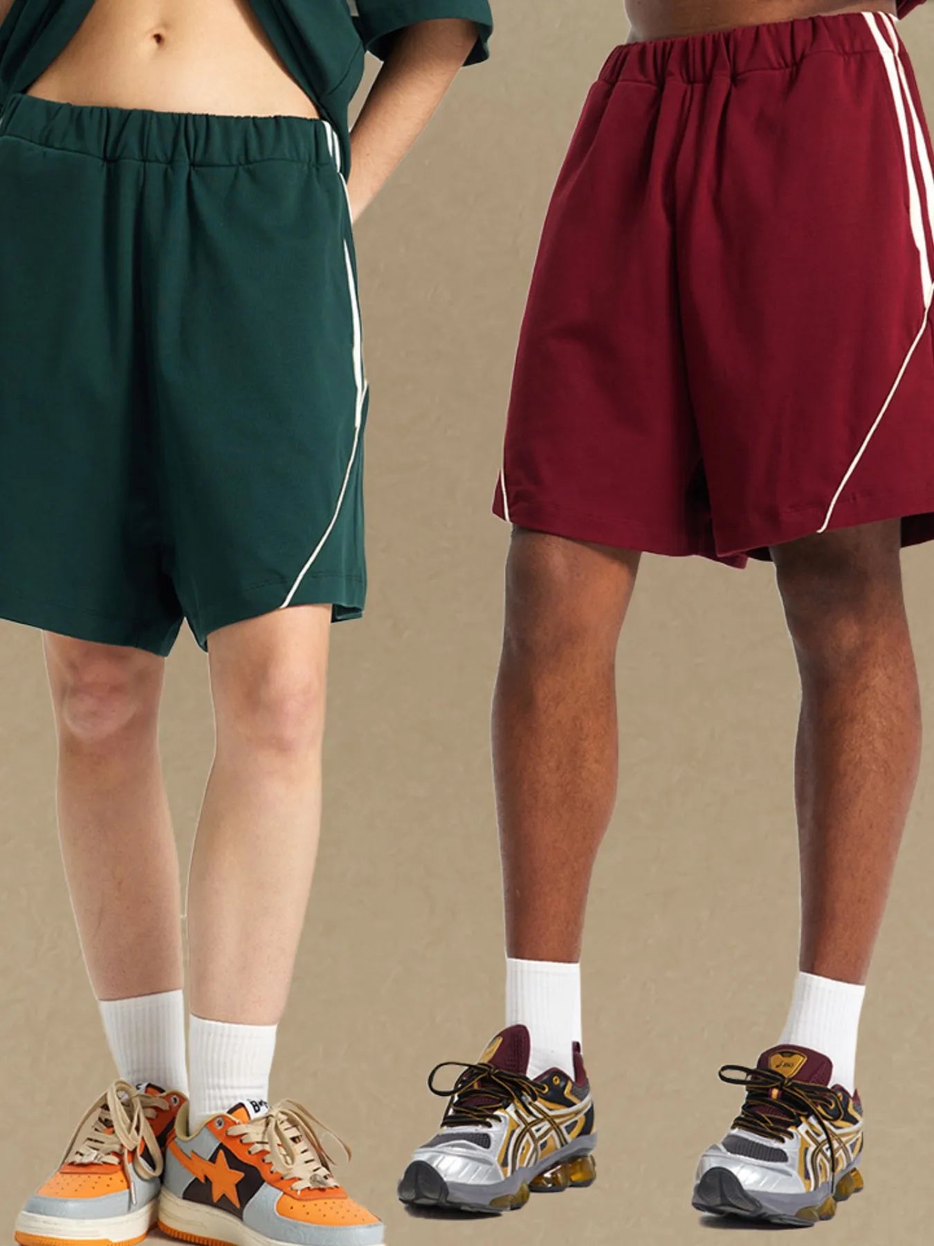 Trendsi comfortable men's sport shorts in green and maroon with white stripes worn by two models