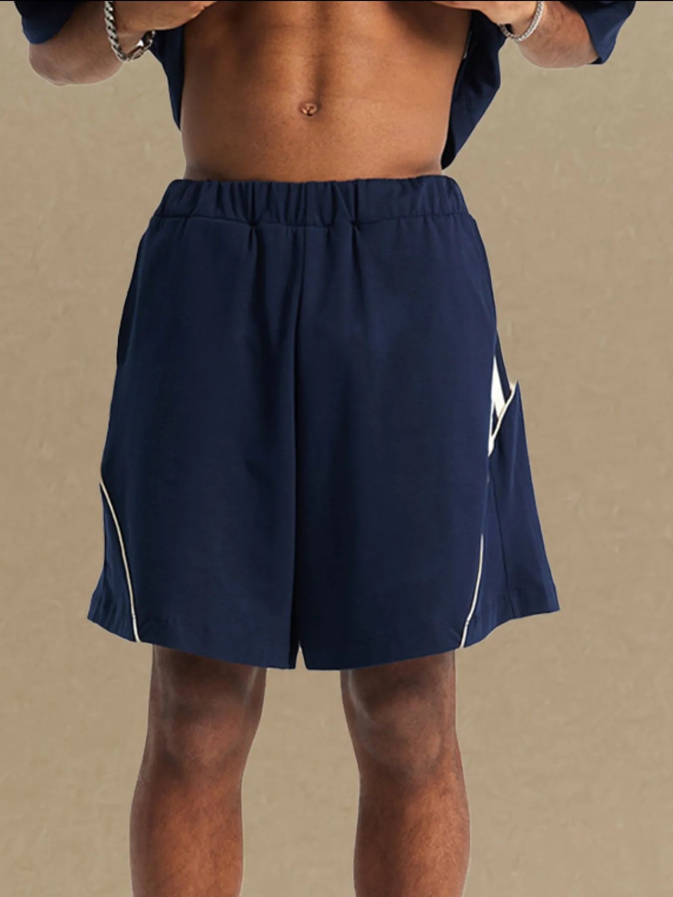 Trendsi comfortable men's sport shorts in navy blue with white side accents and elastic waistband