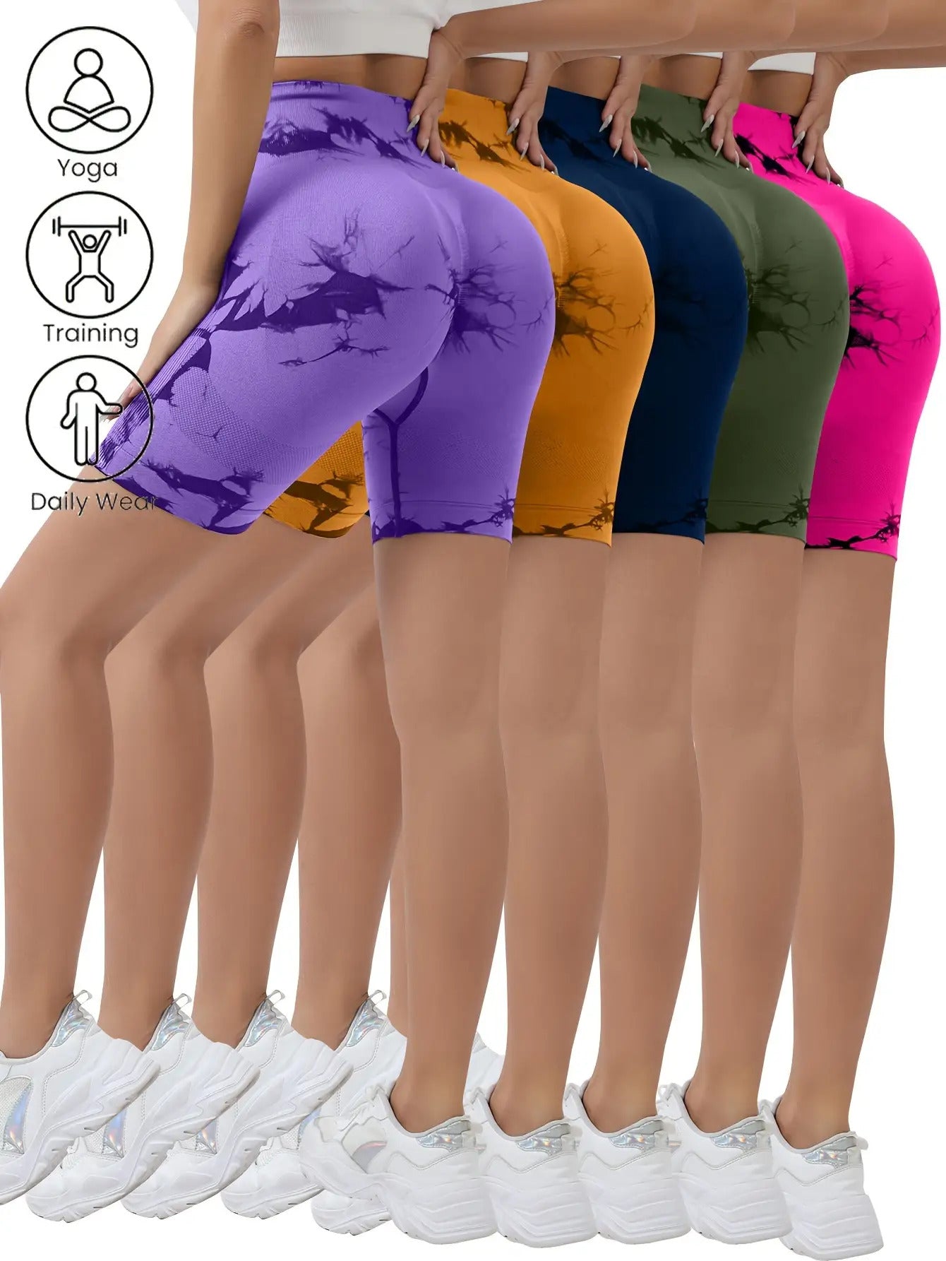 6pcs Women's high-waisted tie-dye hip-lifting sports shorts
