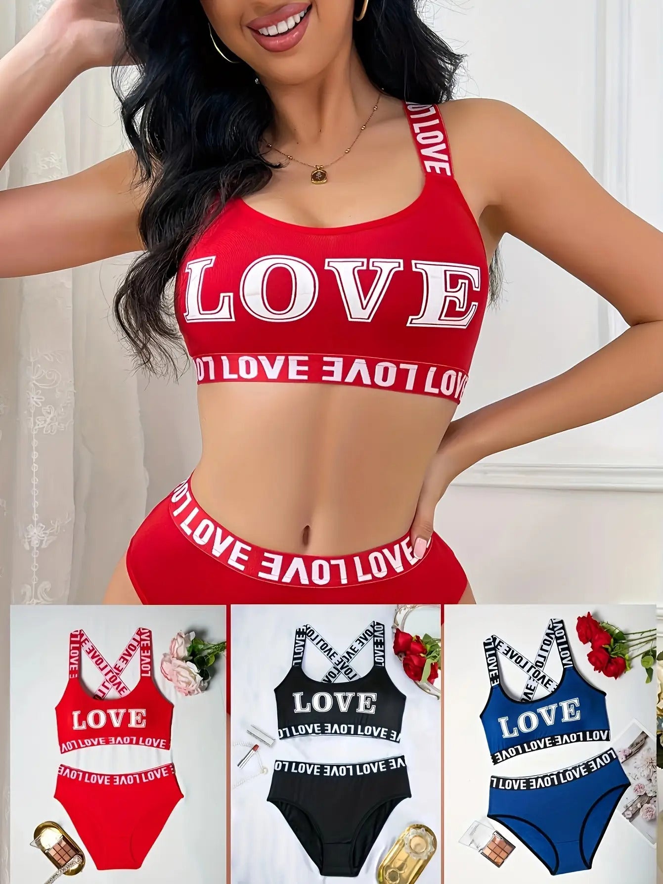 Women's LOVE printed letter bra and pants 2PCS set
