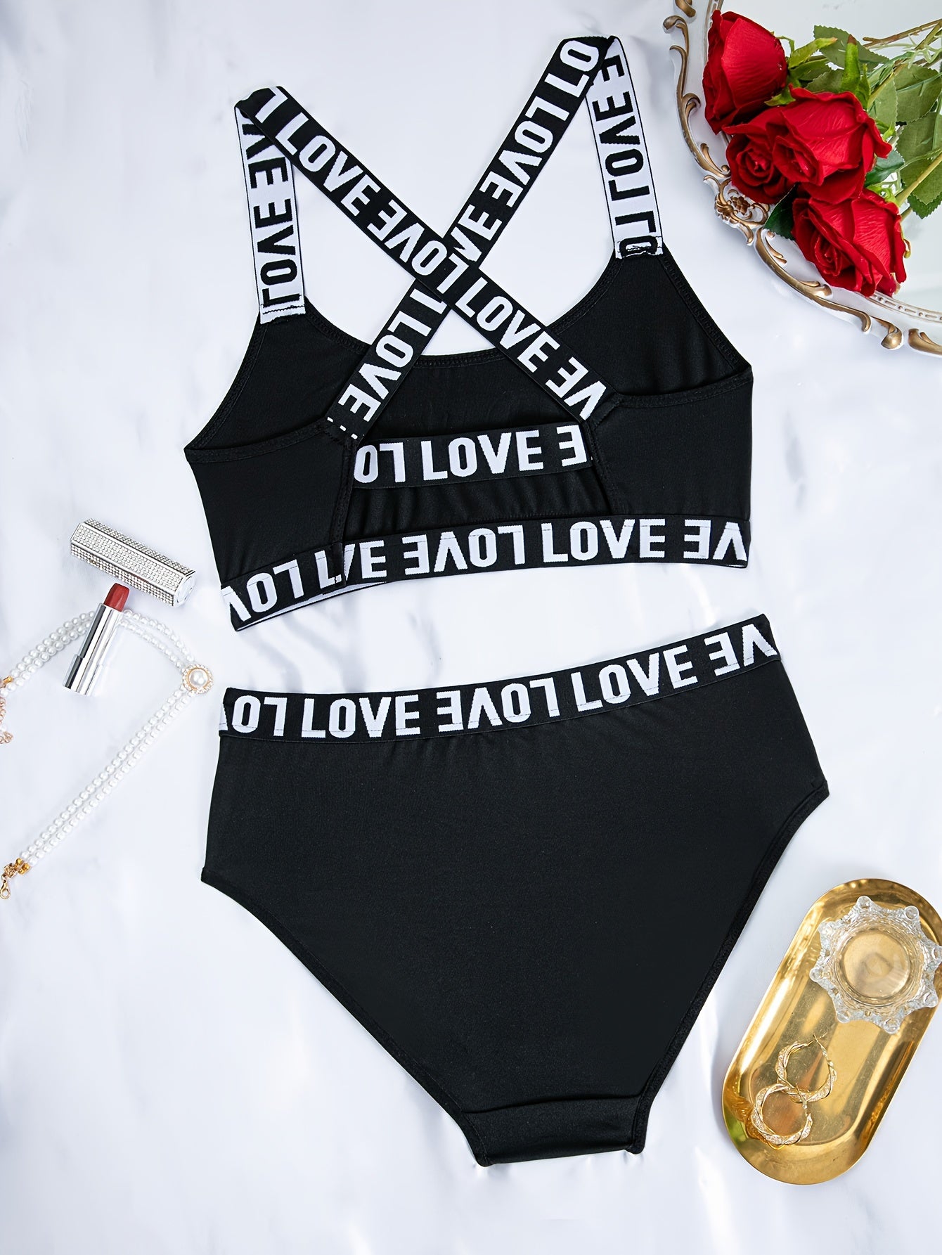 Women's LOVE printed letter bra and pants 2PCS set