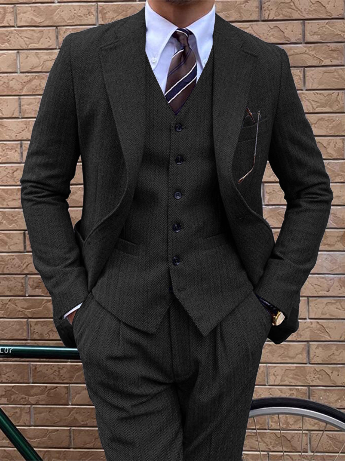 3pcs Vintage Tweed Wool Blend Herringbone Suit