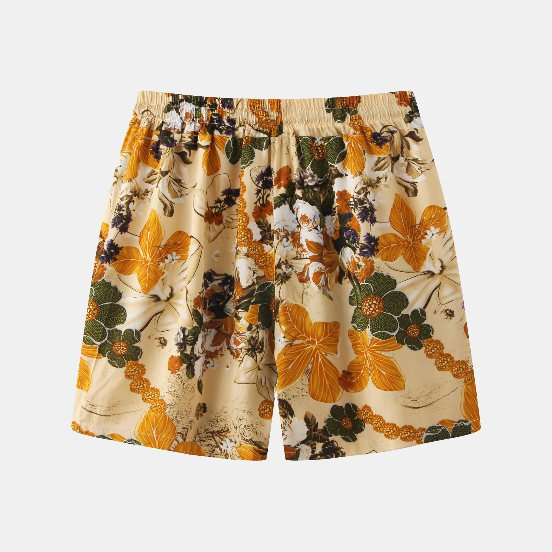 Trendsi floral print summer shorts with orange and green flowers on beige background