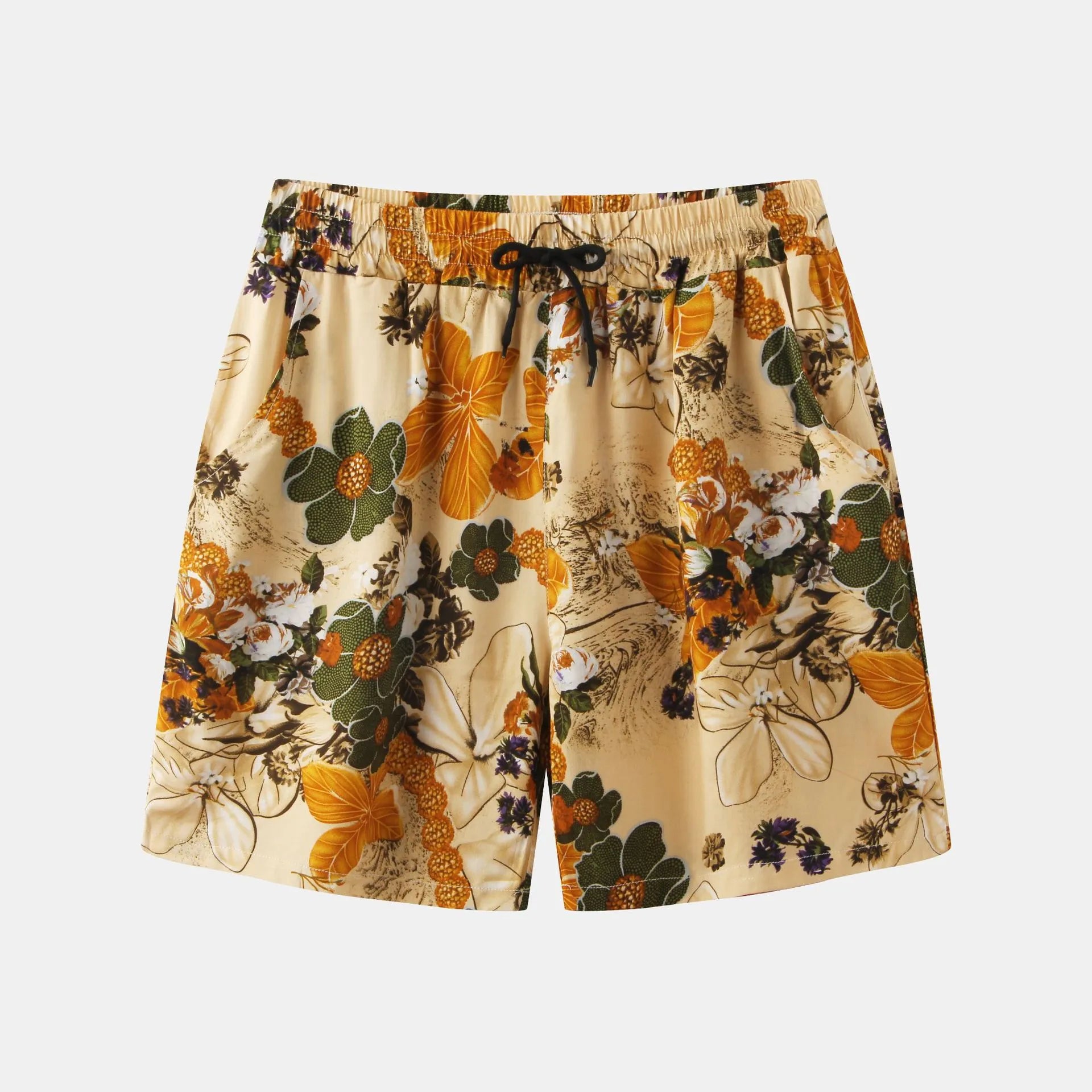 Trendsi floral print summer shorts with elastic waistband and drawstring in beige and orange tones