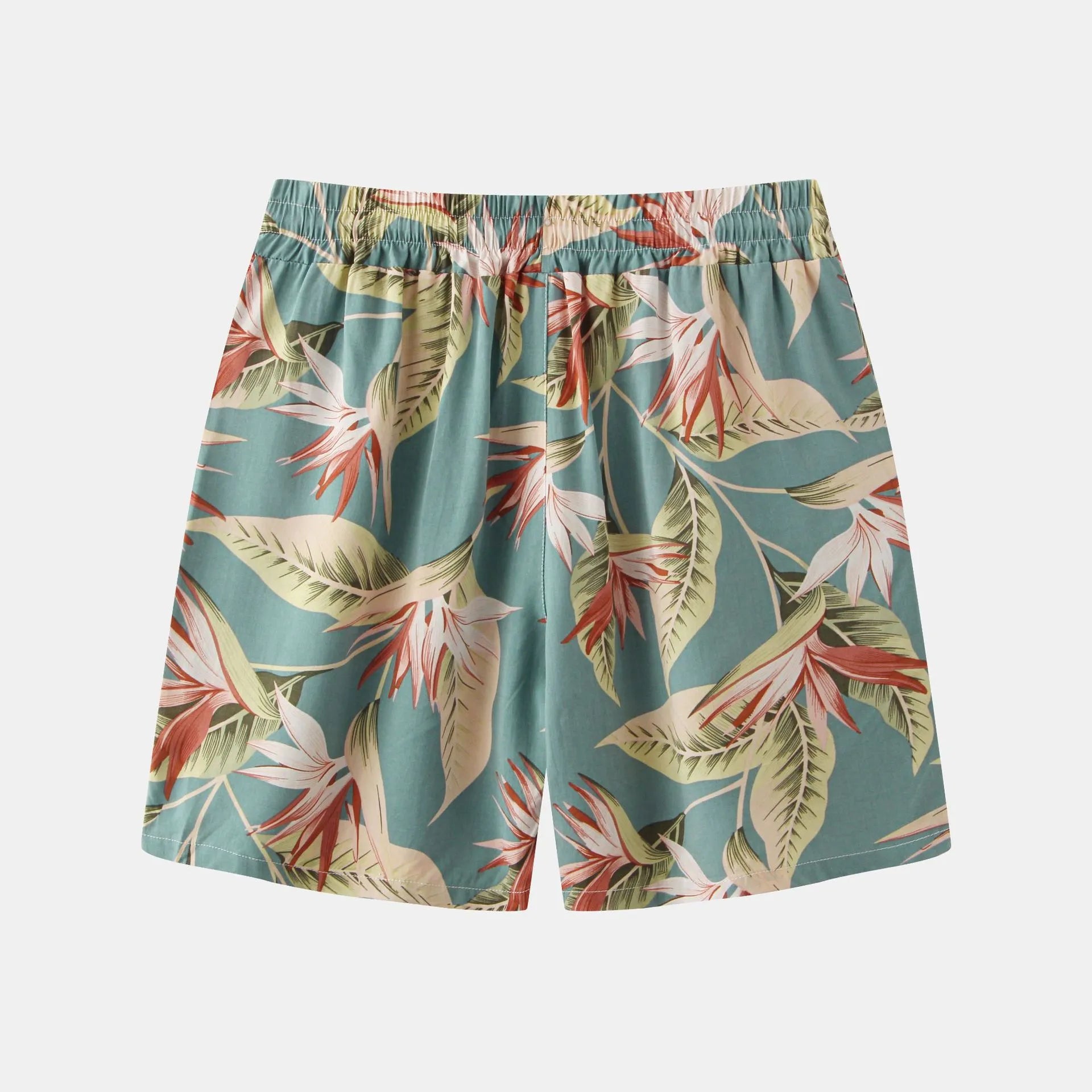 Trendsi floral print summer shorts with tropical leaf and flower design in green and beige